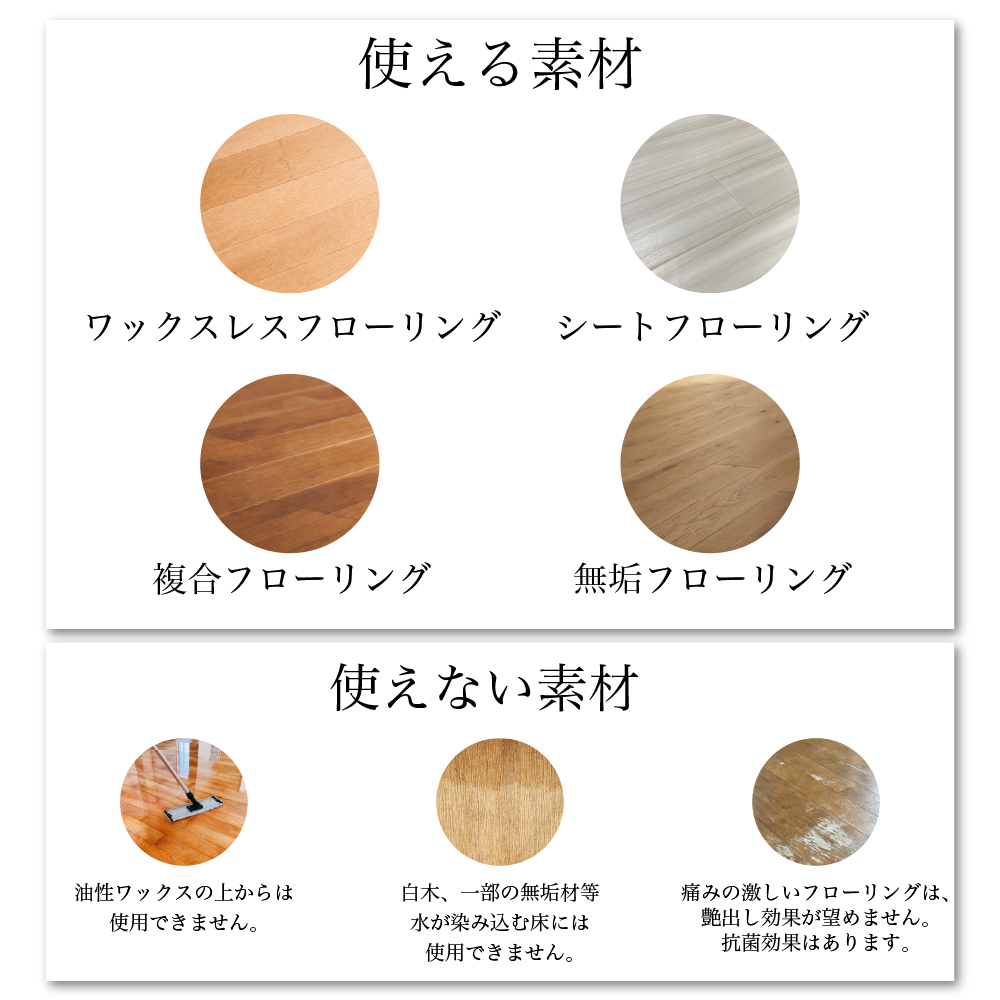 ワックスレスフローリングや複合フローリングに使用可能