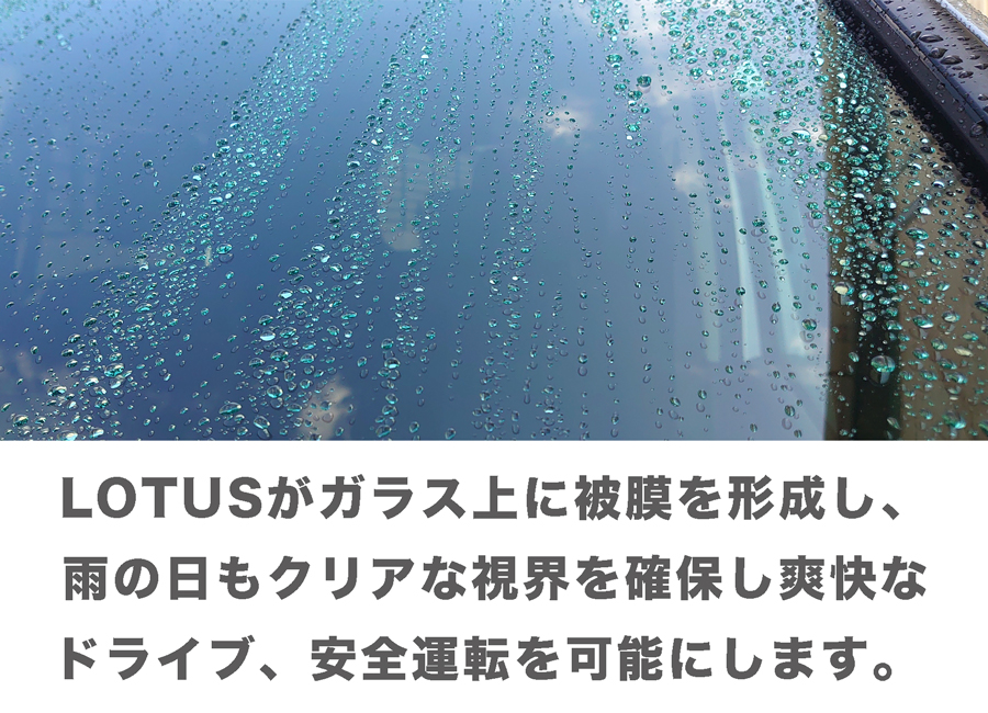 ガラス上に被膜を形成し水を弾き同時に汚れも流す。クリアな視界を確保します