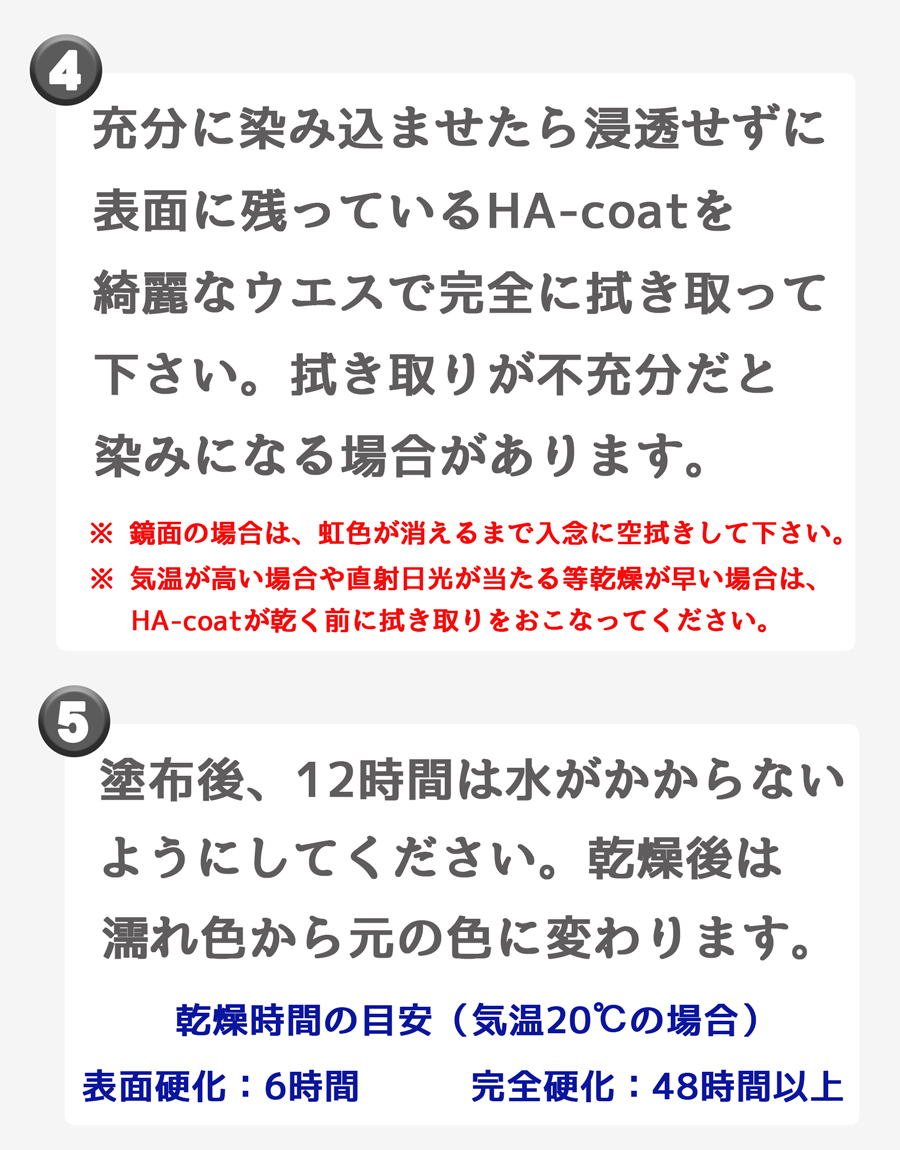 塗布後、12時間は水がかからないようにします。乾燥の目安は6時間程