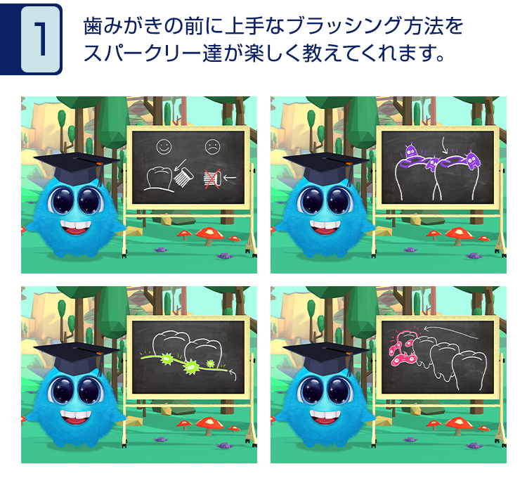 1 歯みがきの前に上手なブラッシング方法をスパークリー達が楽しく教えてくれます。