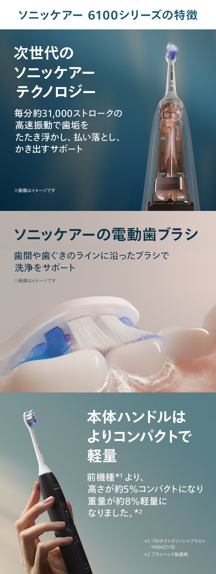 ソニッケアー 6100シリーズの特徴 次世代のソニッケアーテクノロジー ソニッケアーの電動歯ブラシ 本体ハンドルはよりコンパクトで軽量