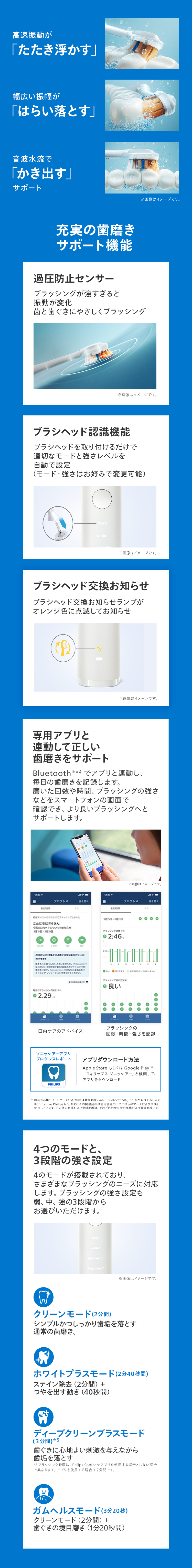 高速振動が「たたき浮かす」 幅広い振幅が「はらい落とす」 音波水流で「かき出す」サポート 充実の歯磨きサポート機能