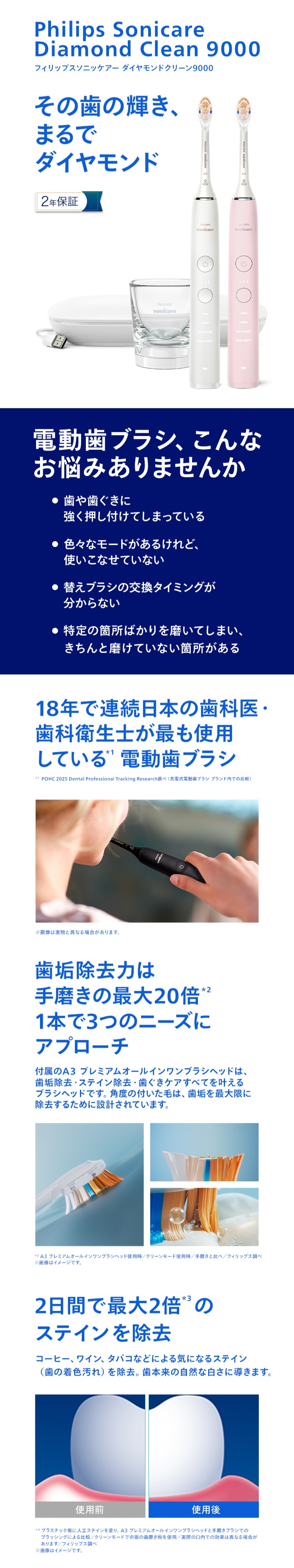 Philips Sonicare Diamond Clean 9000 フィリップス ソニッケアー ダイヤモンドクリーン 9000 その歯の輝き、まるでダイヤモンド 電動歯ブラシ、こんなお悩みありませんか 18年連続で日本の歯科医・歯科衛生士が最も使用している*1電動歯ブラシ 歯垢除去力は手磨きの最大20倍*2 1本で3つのニーズにアプローチ 2日間で最大2倍*3のステインを除去