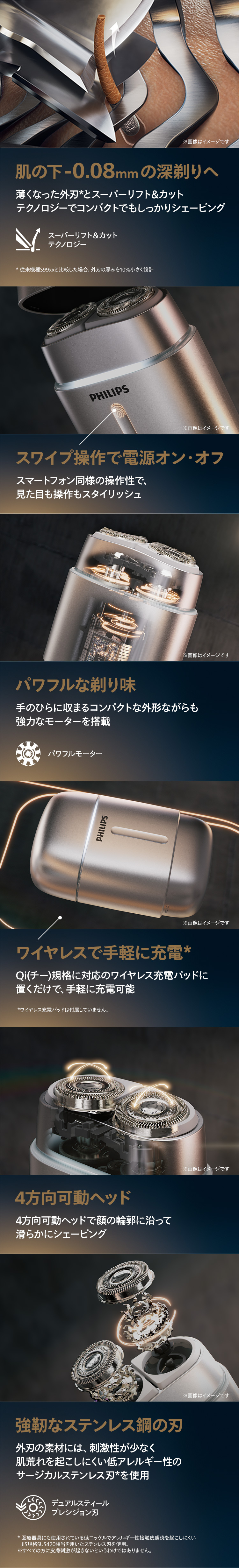 肌の下-0.08mmの深剃りへ スワイプ操作で電源オン・オフ パワフルな剃り味 ワイヤレスで手軽に充電* 4方向可動ヘッド 強靭なステンレス鋼の刃