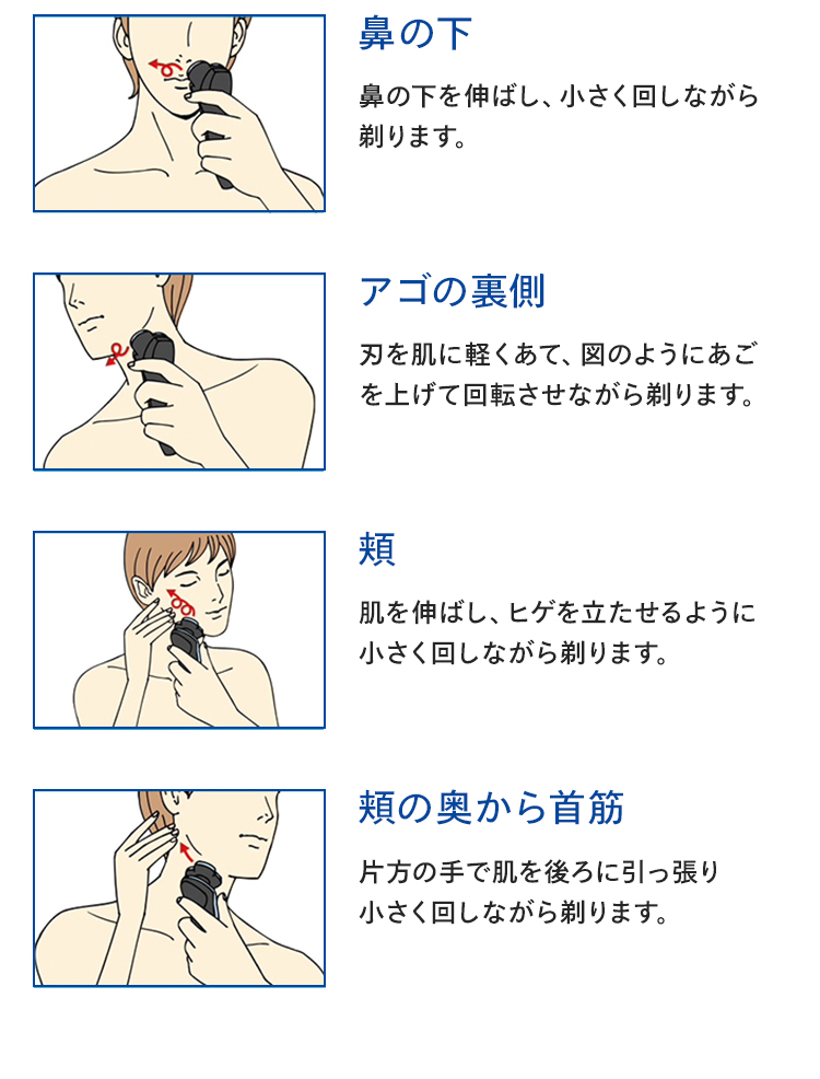 鼻の下 鼻の下を伸ばし、小さく回しながら剃ります。 アゴの裏側 刃を肌に軽くあて、図のようにあごを上げて回転させながら剃ります。 頬 肌を伸ばし、ヒゲを立たせるように小さく回しながら剃ります。 頬の奥から首筋 片方の手で肌を後ろに引っ張り小さく回しながら剃ります。