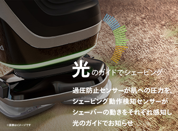光のガイドでシェービング 過圧防止センサーが肌への圧力を、シェービング動作検知センサーがシェーバーの動きをそれぞれ感知し光のガイドでお知らせ