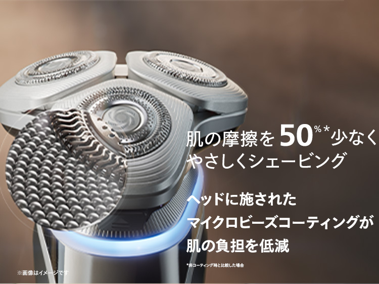 肌の摩擦を50％*少なく やさしくシェービング ヘッドに施されたマイクロビーズコーティングが肌の負担を低減