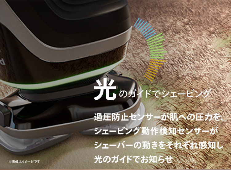 光のガイドでシェービング 過圧防止センサーが肌への圧力を、シェービング動作検知センサーがシェーバーの動きをそれぞれ感知し光のガイドでお知らせ