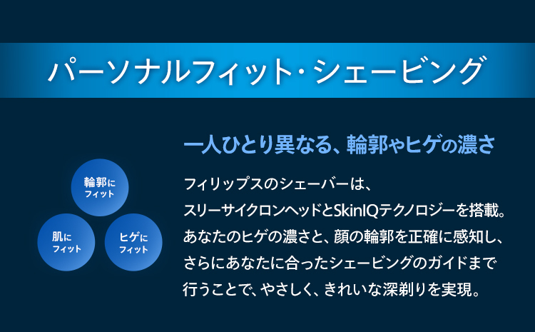 パーソナルフィットシェービング 一人ひとり異なる、輪郭やヒゲの濃さ フィリップスのシェーバーは、スリーサイクロンヘッドとSkinIQテクノロジーを搭載。あなたのヒゲの濃さと、顔の輪郭を正確に感知し、さらにあなたに合ったシェービングのガイドまで行うことで、やさしく、きれいな深剃りを実現。