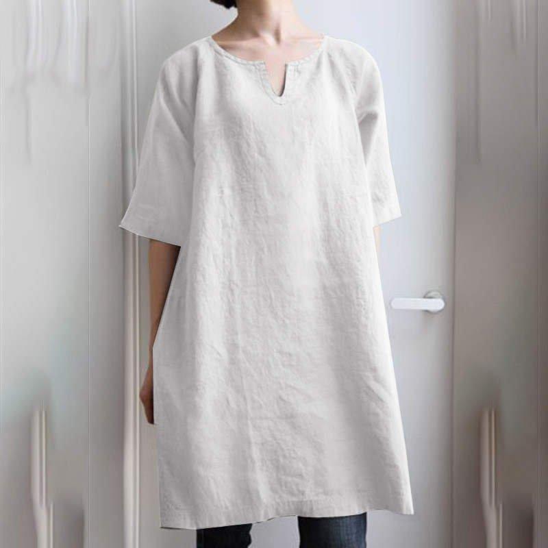 チュニック ロングシャツ シャツ レディース ワンピース 夏 プルオーバー 綿麻 シャツワンピース 半袖 大きいサイズ ゆるシルエット 体型カバー 無地 30代 40代 |  | 01