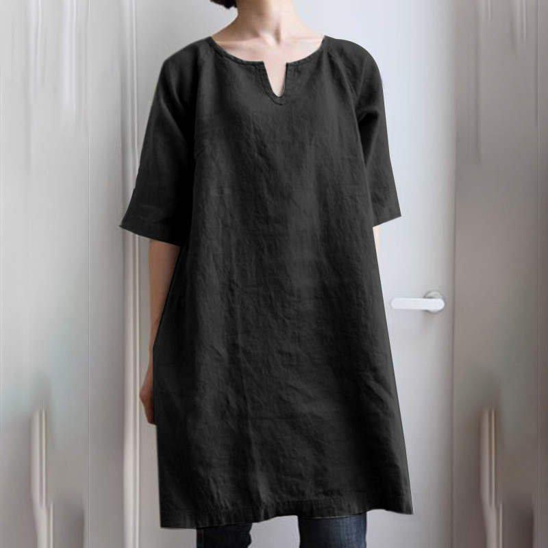 チュニック ロングシャツ シャツ レディース ワンピース 夏 プルオーバー 綿麻 シャツワンピース 半袖 大きいサイズ ゆるシルエット 体型カバー 無地 30代 40代 |  | 03