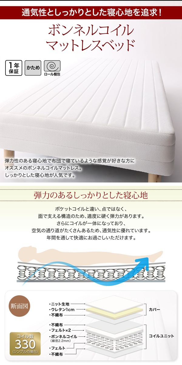 新・ショート丈脚付きマットレスベッド ボンネルコイルマットレスタイプ セミシングル ショート丈 脚15cm さくら