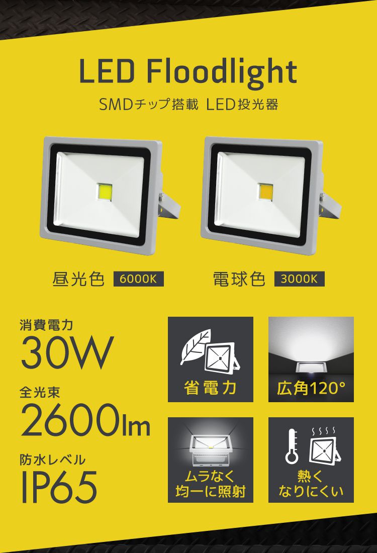 LED投光器 30W 300W相当 防水 作業灯 外灯 防犯 ワークライト 看板照明 昼光色 4個セット 一年保証