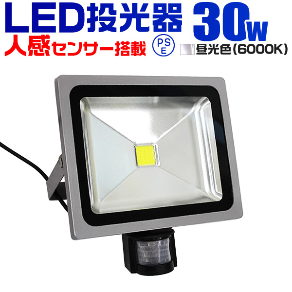 LED投光器 人感 30W 300W相当 人感センサースイッチ付 作業灯 外灯 防犯 広角 防水 3mコード付 昼光色