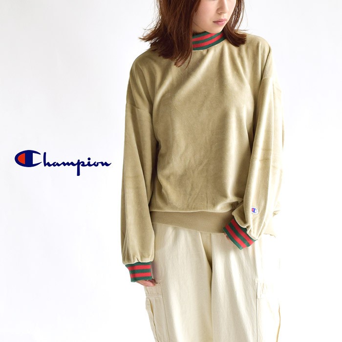 Champion チャンピオン ウィメンズ ラインリブクルーネックシャツ レディース Cロゴ リブ袖 ラインリブ シンプル 普段使い 部屋着 Champion チャンピオン ウィメンズ ラインリブクルーネック