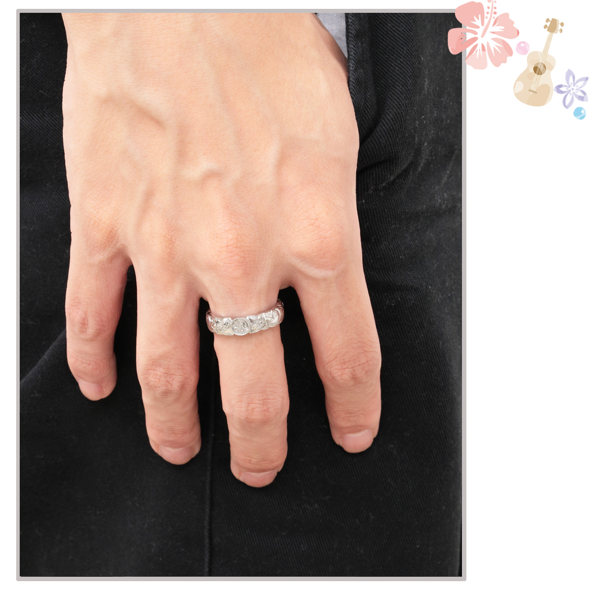 リング レディース メンズ サージカルステンレス316L ハワイアンジュエリー コイン付き プルメリア 花 スクロール 波 金属アレルギー対応 爆買の画像