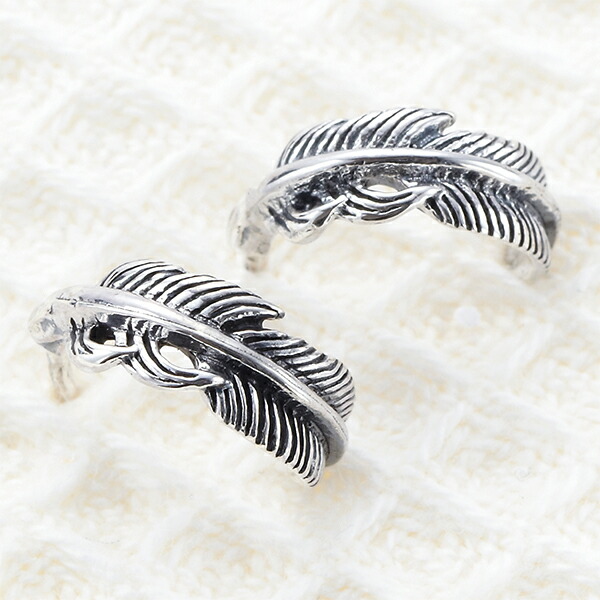 メンズスタッドピアス シルバー925 シルバー 両耳 フェザー 羽 リング