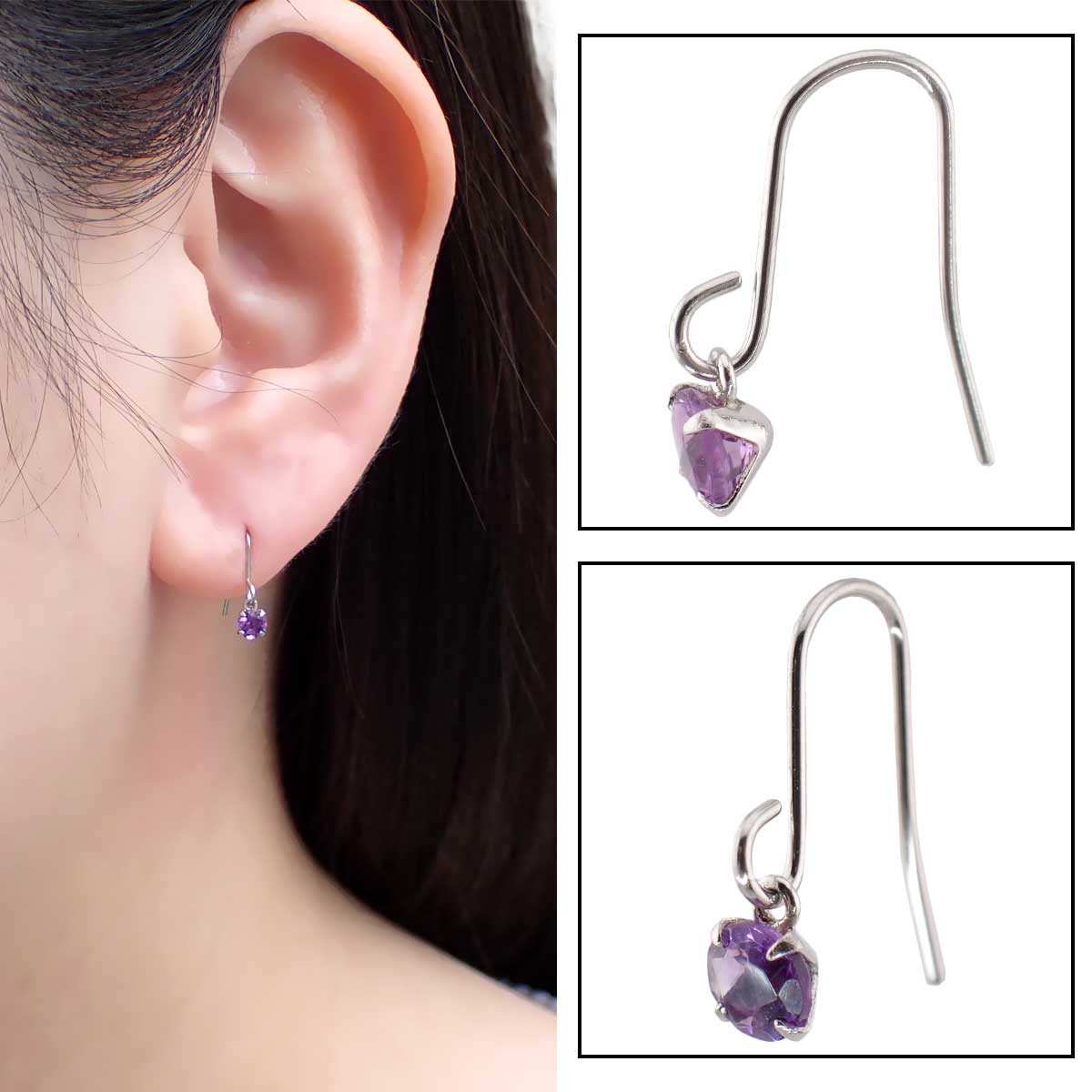 フックピアス プラチナ900製ポスト アメジスト 3mm 1粒 爆買の画像