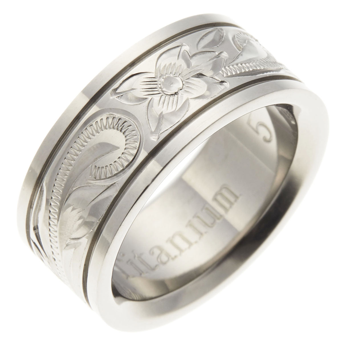 リング ハワイアンジュエリー チタン 平打ち ツヤ有り プルメリア