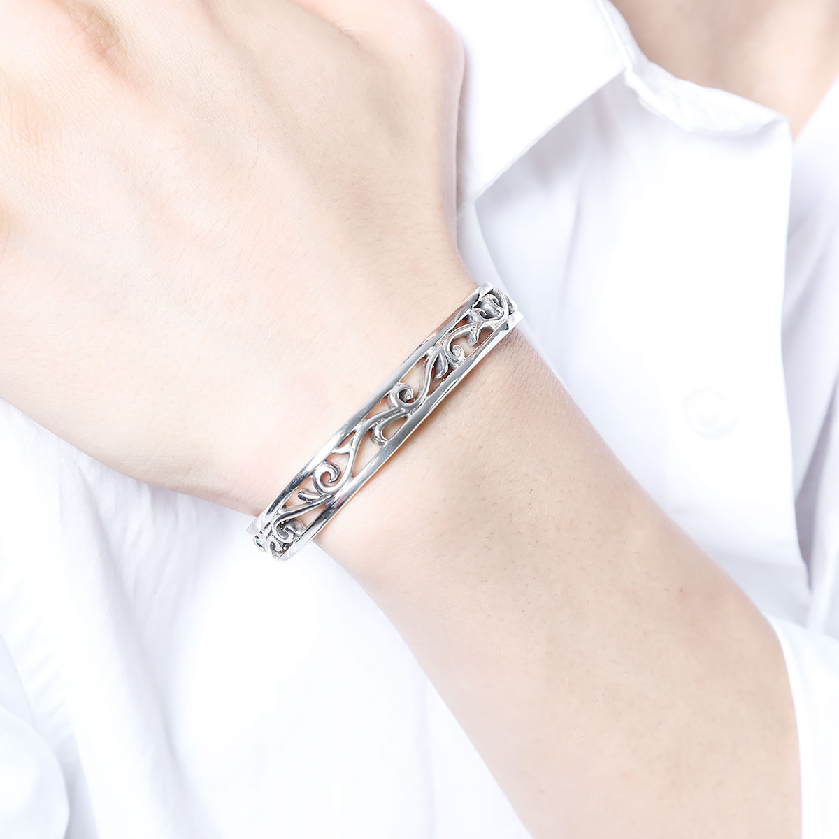 バングル シルバー925 アラベスク 透かし 太め 簡単装着 重厚感