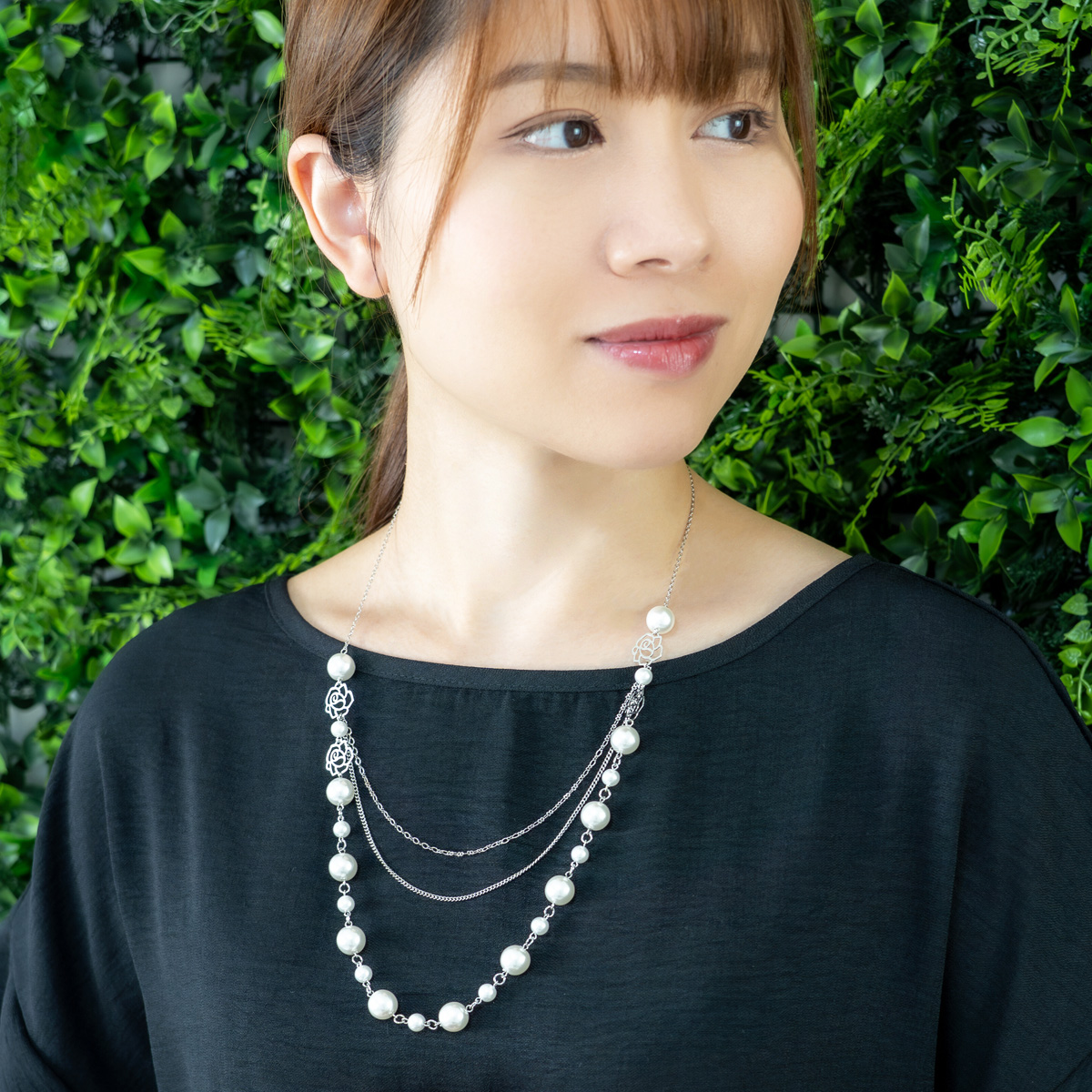 ネックレス レディース パール 薔薇 ローズ チェーン 三連風 重ねづけ