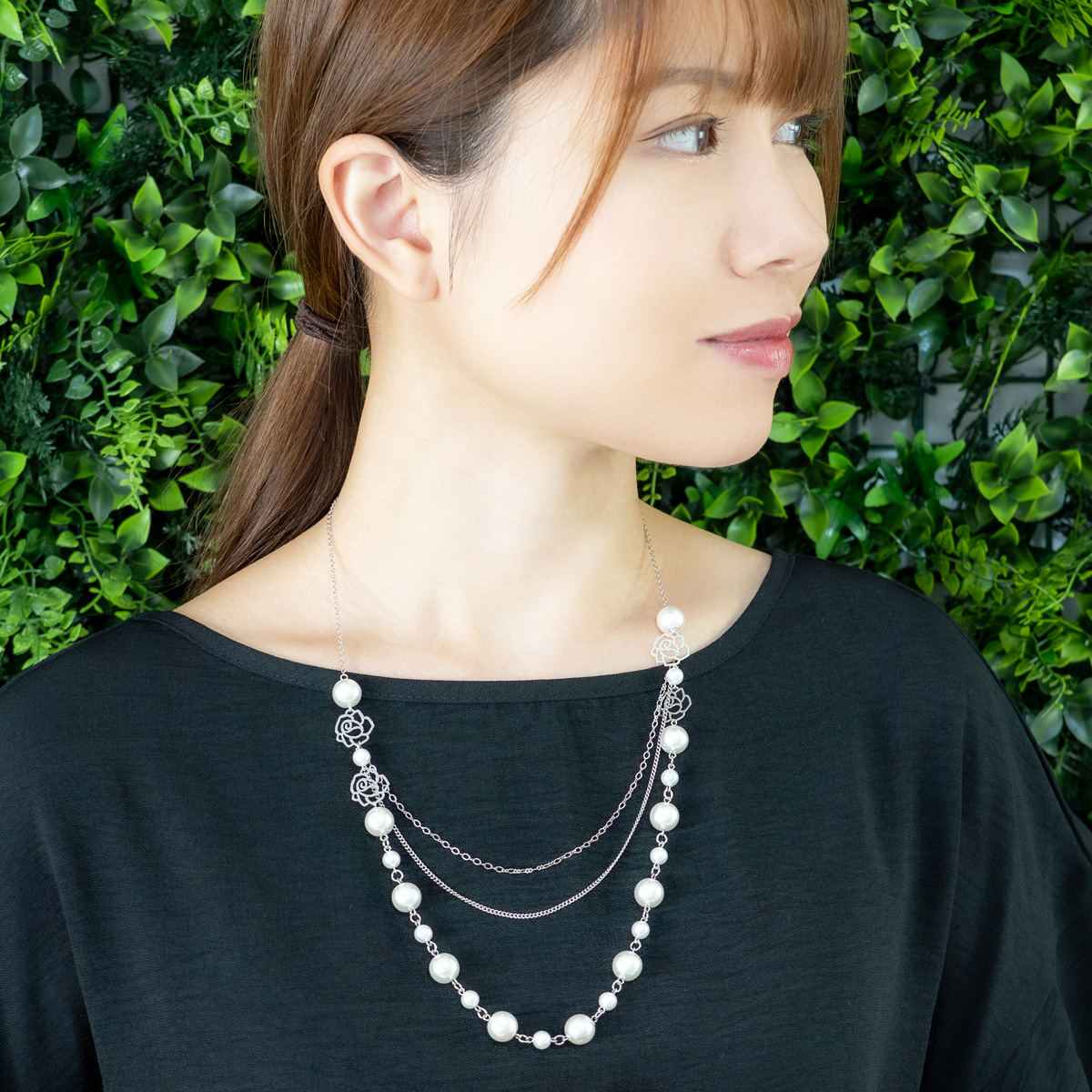 ネックレス レディース パール 薔薇 ローズ チェーン 三連風 重ねづけ