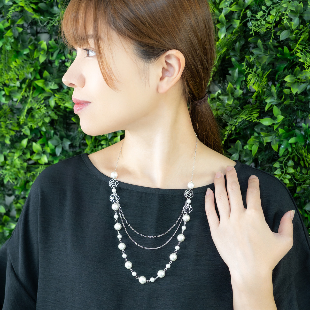ネックレス レディース パール 薔薇 ローズ チェーン 三連風 重ねづけ