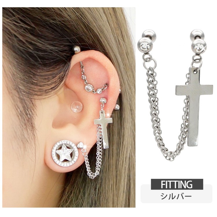 14K　ダブルホールチェーンピアス　クロス 2-01461.jpg