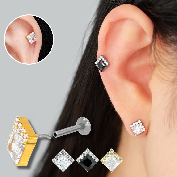 つけっぱなしピアス ボディピアス 20G 18G 16G スクエア＆パヴェ