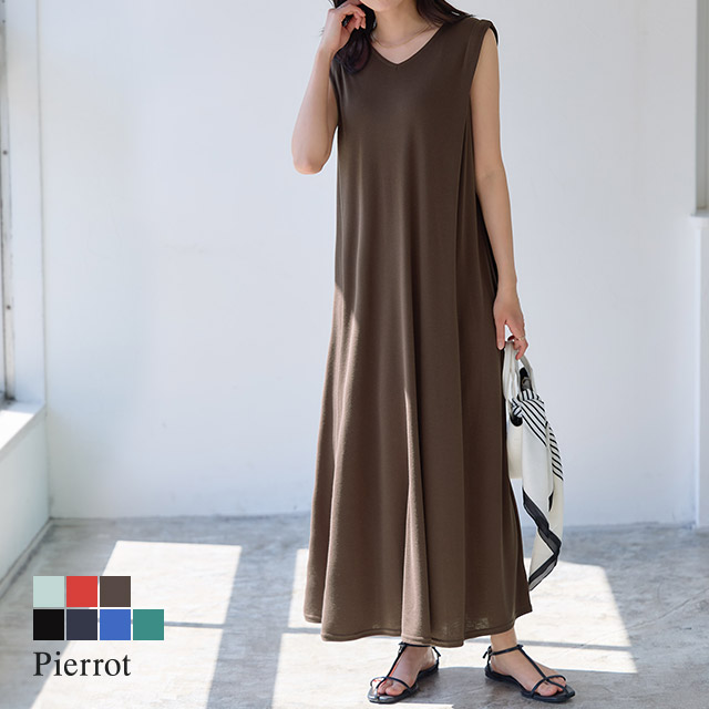 Pierrot（ピエロ） ワンピース レディース ロング Vネック レーヨン混