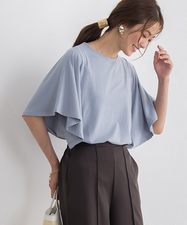 Tシャツ カットソー フレア袖 フレア 半袖 5分袖 体型カバー ベーシック (SALE)