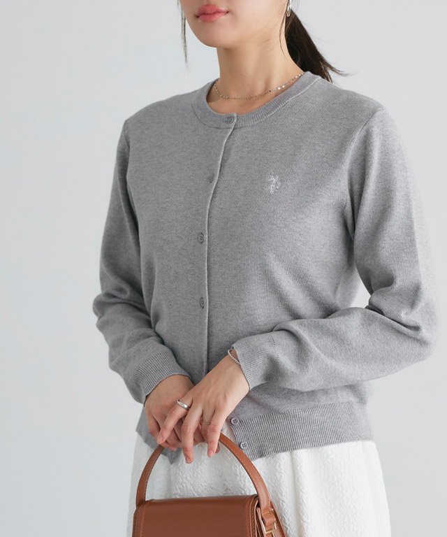 カーディガン レディース ニット 長袖 刺繍 U.S.POLO ASSN. レッド クルーネック きれいめ