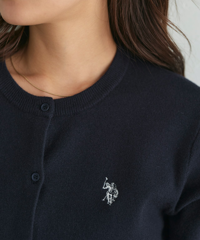 カーディガン レディース ニット 長袖 刺繍 U.S.POLO ASSN. レッド クルーネック きれいめ