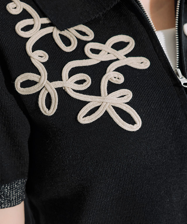 ニット レディース 半袖 ダブルジップデザイン コード刺繍 レース クラム ECLAM ECLAM ニット レディース 半袖 ダブルジップデザイン コード刺繍