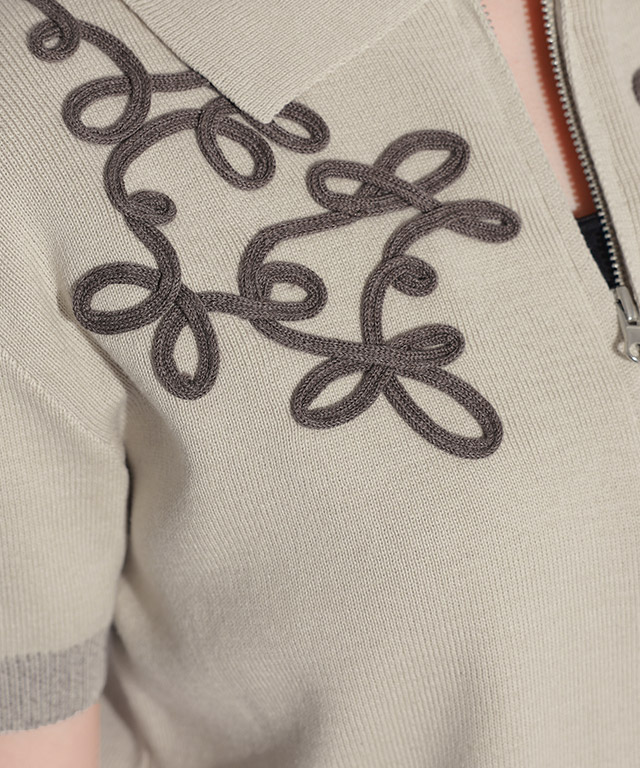 ニット レディース 半袖 ダブルジップデザイン コード刺繍 レース クラム ECLAM ECLAM ニット レディース 半袖 ダブルジップデザイン コード刺繍