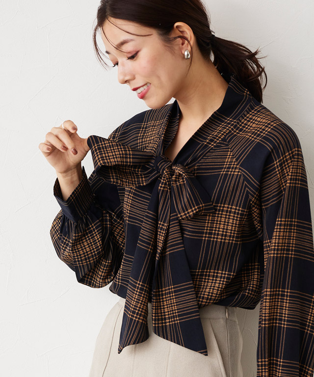 【新品/未使用】Mira Owen チェック柄のリボン付バルーンスリーブブラウス marvelous by Pierrot (夏セール対象) ブラウス レディース 長袖
