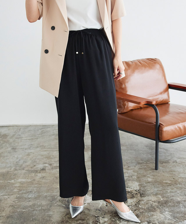 Invel mig3 ラウンジ ウエア ロングパンツ 黒 レディース 9号 ワイドパンツ レディース 無地 ロング スラックス ハイウエスト
