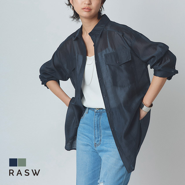 シャツ トップス シアー カシュクール ボタンダウン 艶感 カジュアル メンズライク レディース RASW