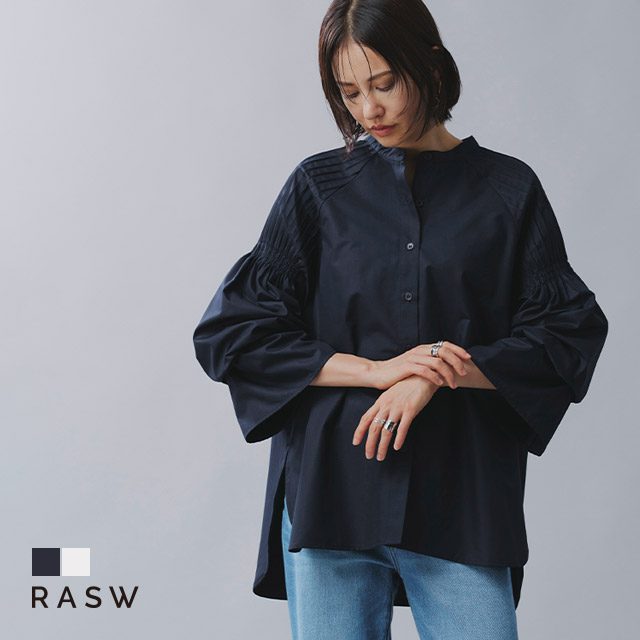 ブラウス レディース 長袖 バンドカラー キャンディスリーブ ピンタック オフィス ゆったり 体型カバー RASW あすつく