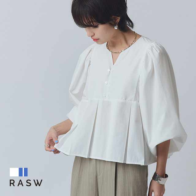 ブラウス レディース ボリュームスリーブ プリーツデザイン シェルボタン キーネック 白 ストライプ RASW