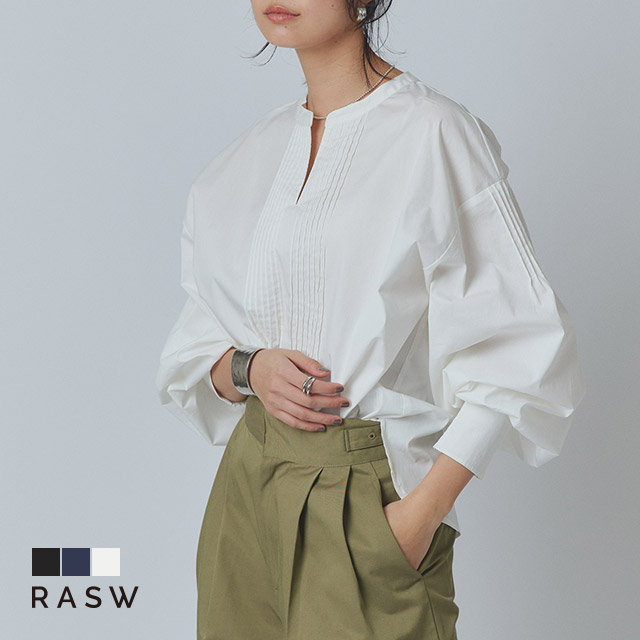 ブラウス レディース ボリュームスリーブ キーネック ピンタック RASW あすつく