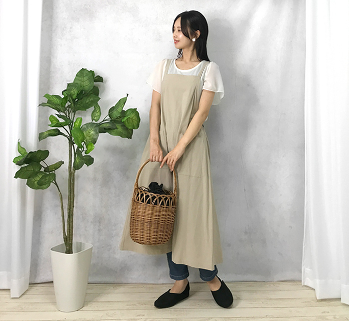 エプロン おしゃれ 保育士 エプロンドレス ワンピース ロング丈 クロス