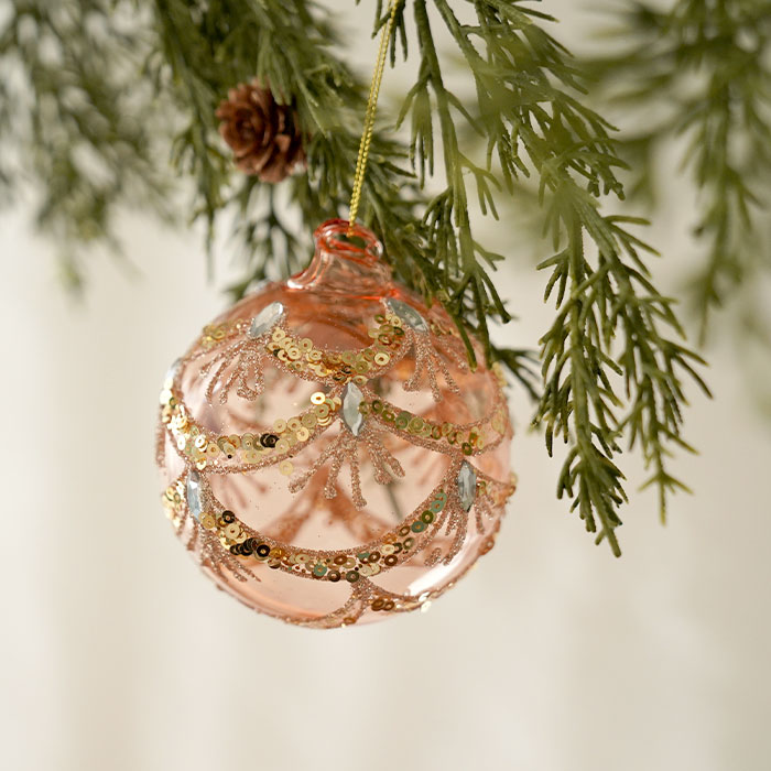 クリスマス ツリー 飾り オーナメント 北欧 SHISHI ガラスボール ピンク 透明 ゴールドラメ スパンコール 花輪 (59187)