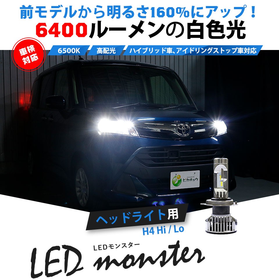 H4 ledバルブ LED MONSTER L6400 ヘッドライトキット 6400lm ホワイト 6500K Hi/Lo 38-A-1