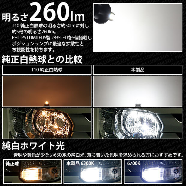 T10 バルブ LED ポジションランプ 260lm ホワイト 2個 6300K 車幅灯 11