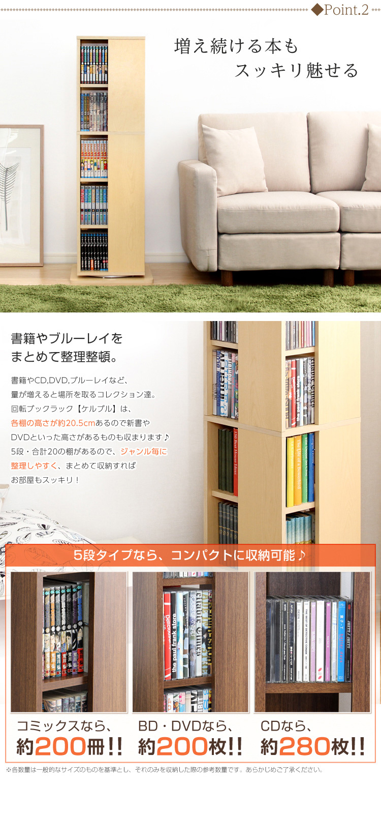 本棚 回転ブックラック 5段 回転式 DVD収納 回転ラック 省スペース 大