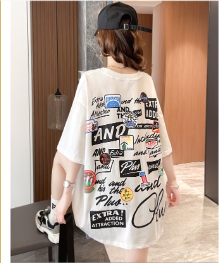 tシャツ Tシャツ レディース 半袖 韓国 白 ステッカー 全2色 春服 春 夏 夏服 送料無料