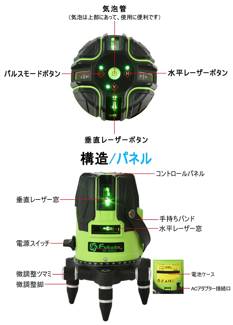 1年間保証】FUKUDA|フクダ 3ライン グリーンレーザー墨出し器 EK-200GJ