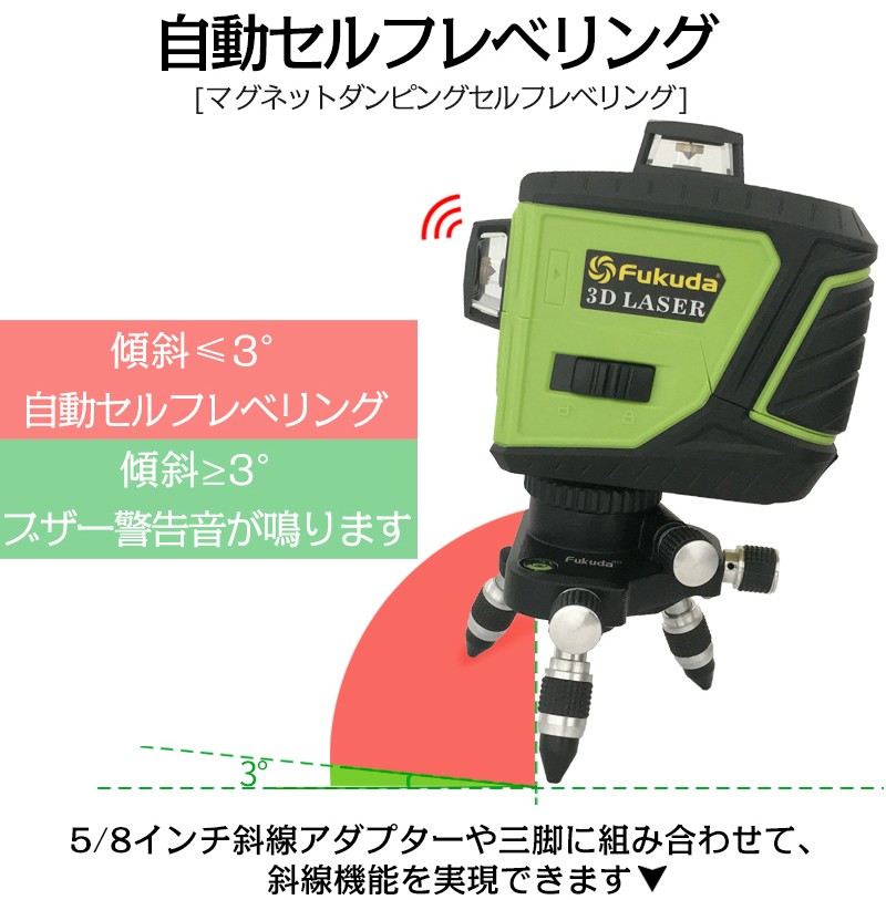 Fukuda 3D LASER 12ライン フルライングリーンレーザー墨出し器+受光器 