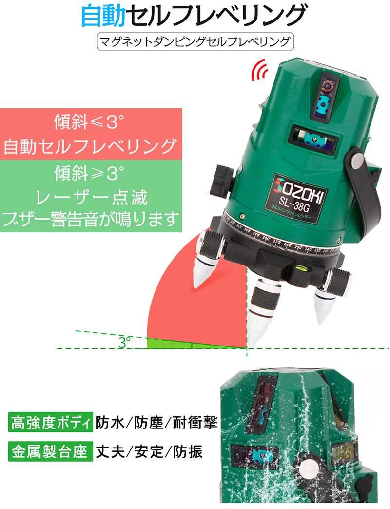 SOZOKI フルライン グリーンレーザー墨出し器+受光器+エレベーター三脚